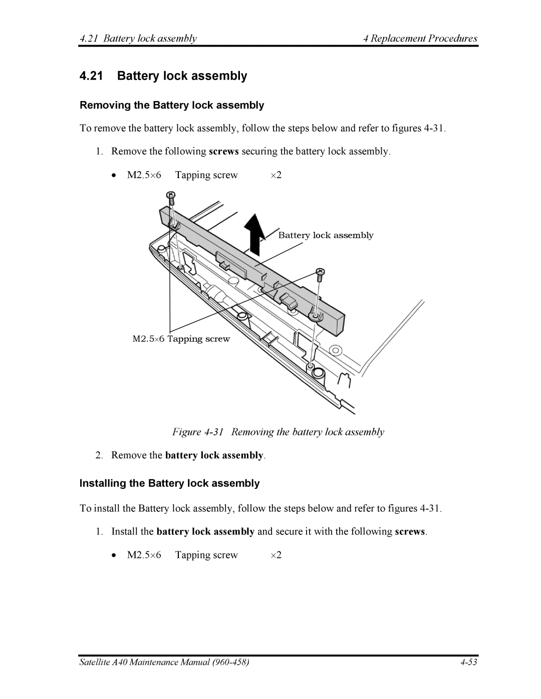 Toshiba A40 manual Battery lock assembly Replacement Procedures, Removing the Battery lock assembly 