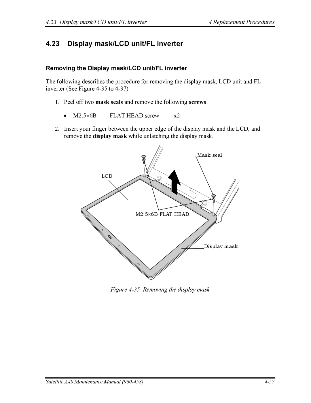 Toshiba A40 Display mask/LCD unit/FL inverter Replacement Procedures, Removing the Display mask/LCD unit/FL inverter 