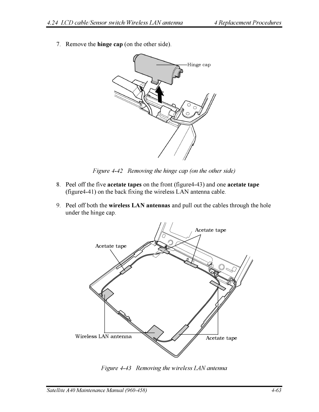 Toshiba A40 manual Remove the hinge cap on the other side 