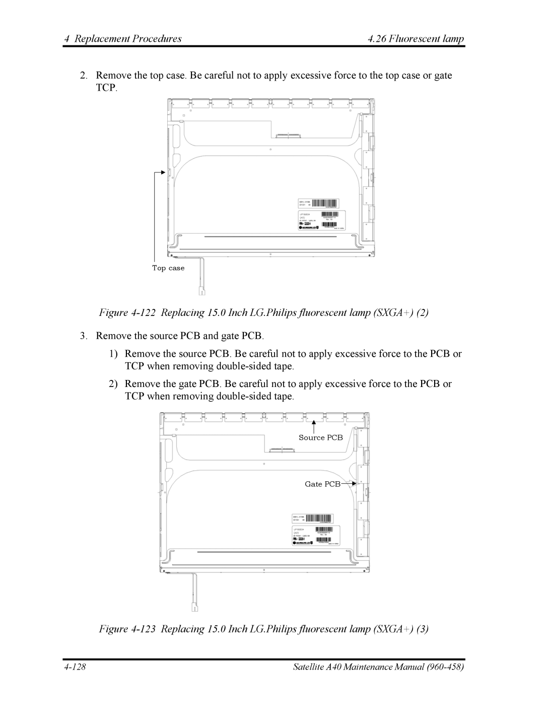 Toshiba A40 manual Replacement Procedures Fluorescent lamp, Replacing 15.0 Inch LG.Philips fluorescent lamp SXGA+ 