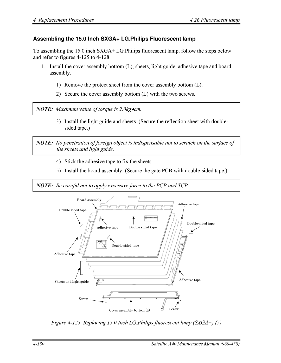 Toshiba A40 manual Assembling the 15.0 Inch SXGA+ LG.Philips Fluorescent lamp 