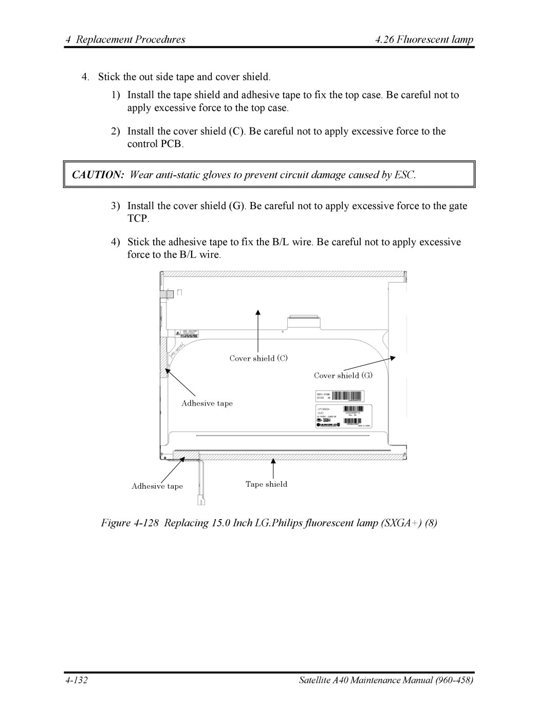 Toshiba A40 manual Replacing 15.0 Inch LG.Philips fluorescent lamp SXGA+ 