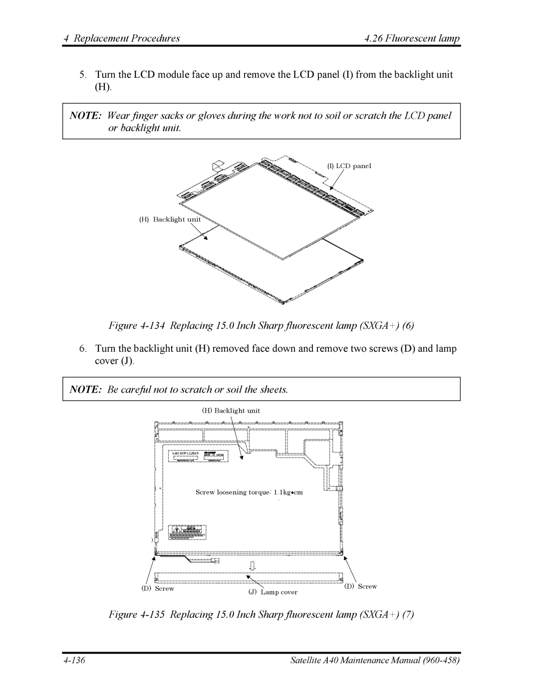 Toshiba A40 manual Replacing 15.0 Inch Sharp fluorescent lamp SXGA+ 