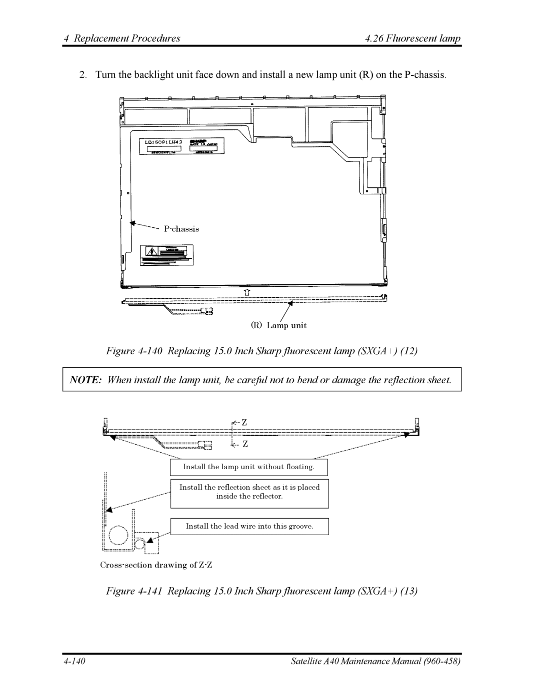 Toshiba A40 manual Replacing 15.0 Inch Sharp fluorescent lamp SXGA+ 