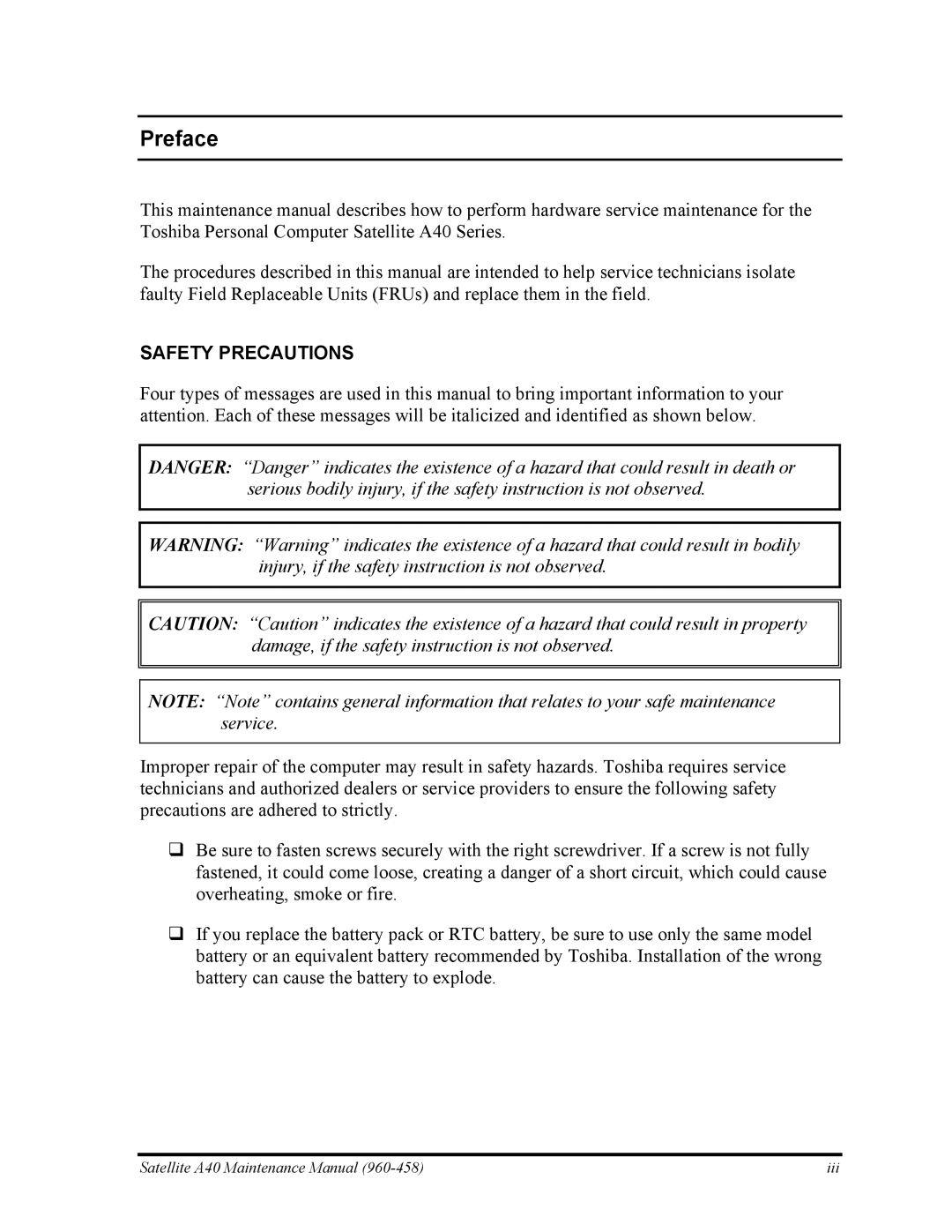 Toshiba A40 manual Preface, Safety Precautions 