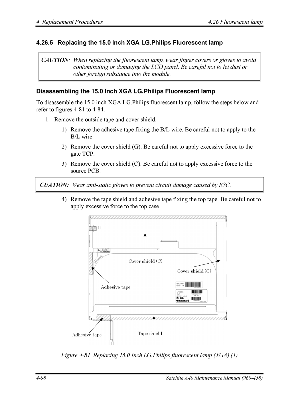 Toshiba A40 manual Replacing 15.0 Inch LG.Philips fluorescent lamp XGA 