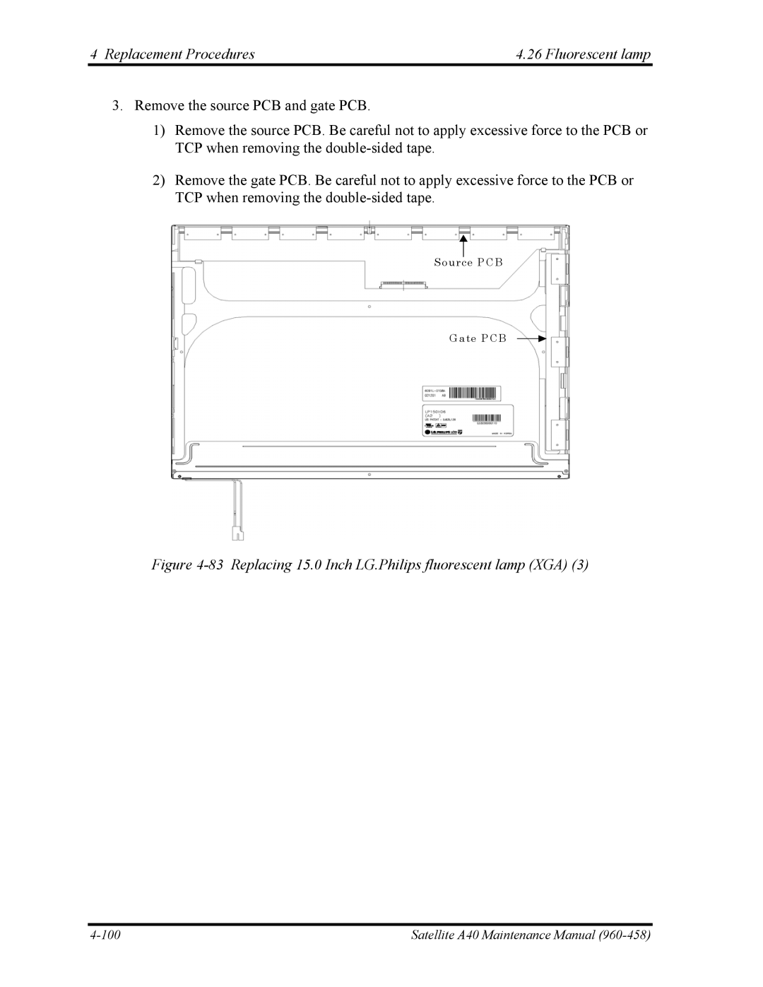 Toshiba A40 manual Replacing 15.0 Inch LG.Philips fluorescent lamp XGA 