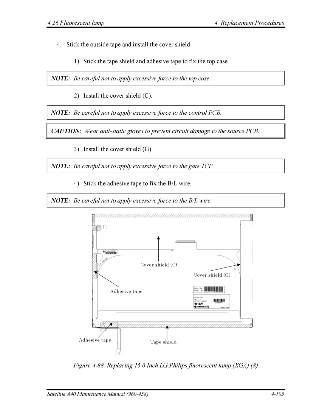 Toshiba A40 manual Replacing 15.0 Inch LG.Philips fluorescent lamp XGA 