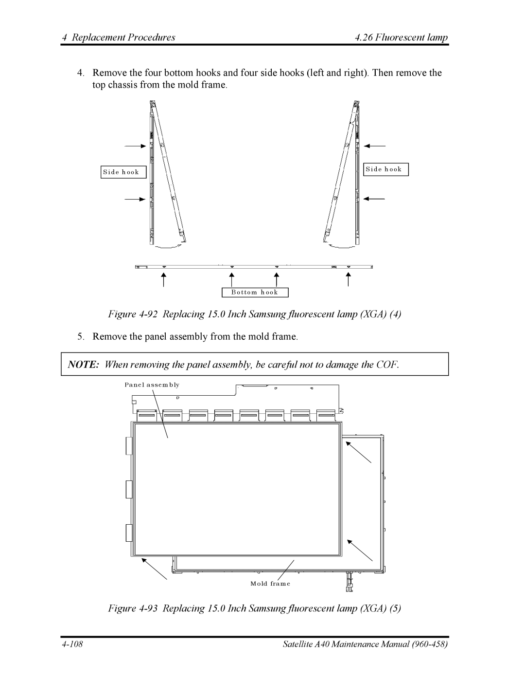 Toshiba A40 manual Replacing 15.0 Inch Samsung fluorescent lamp XGA 