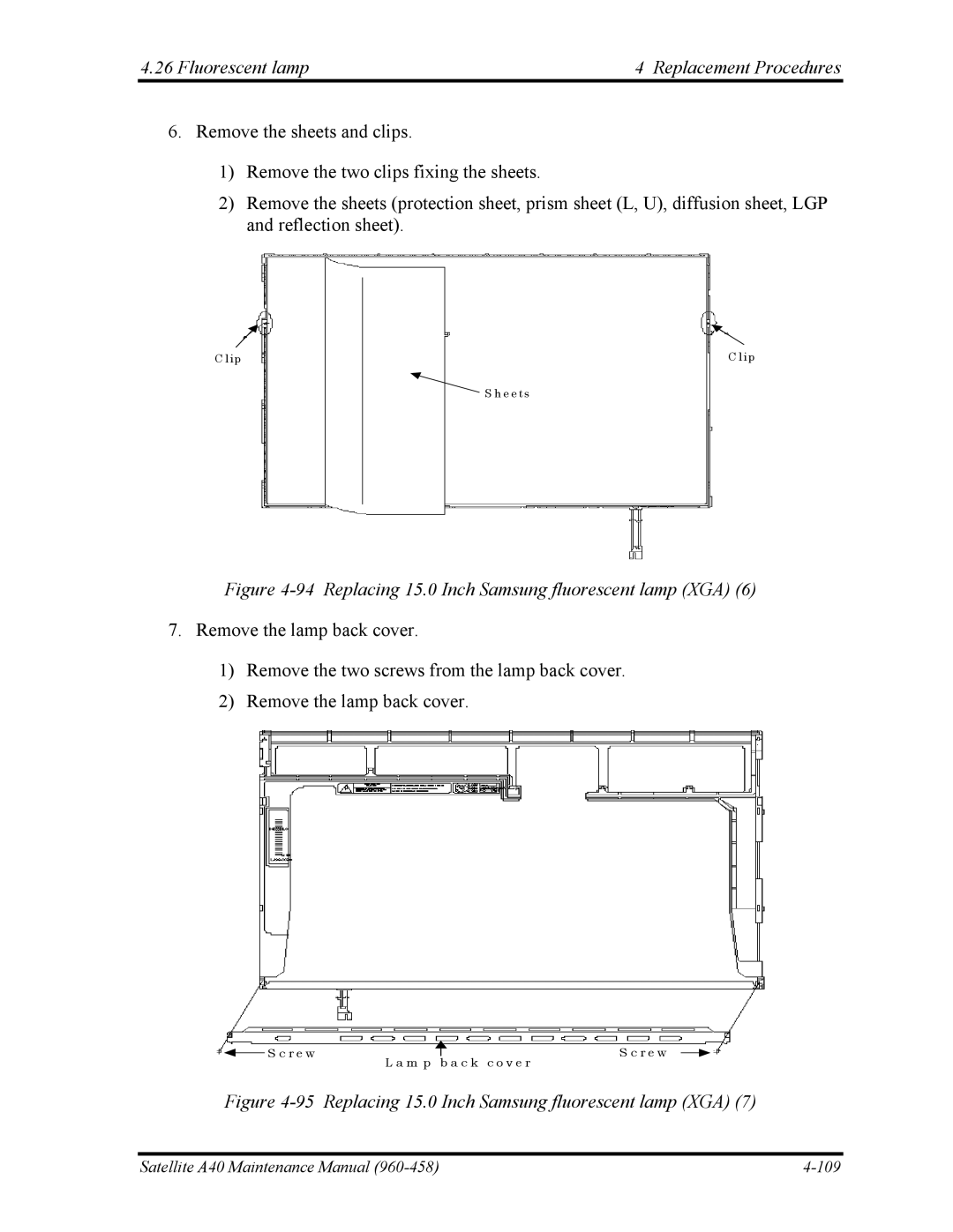 Toshiba A40 manual Replacing 15.0 Inch Samsung fluorescent lamp XGA 