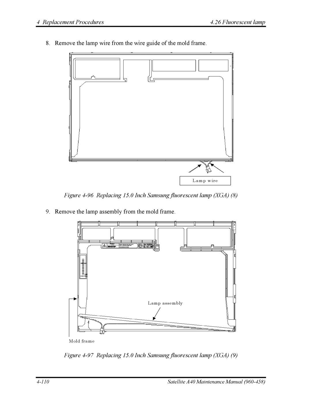 Toshiba A40 manual Replacing 15.0 Inch Samsung fluorescent lamp XGA 