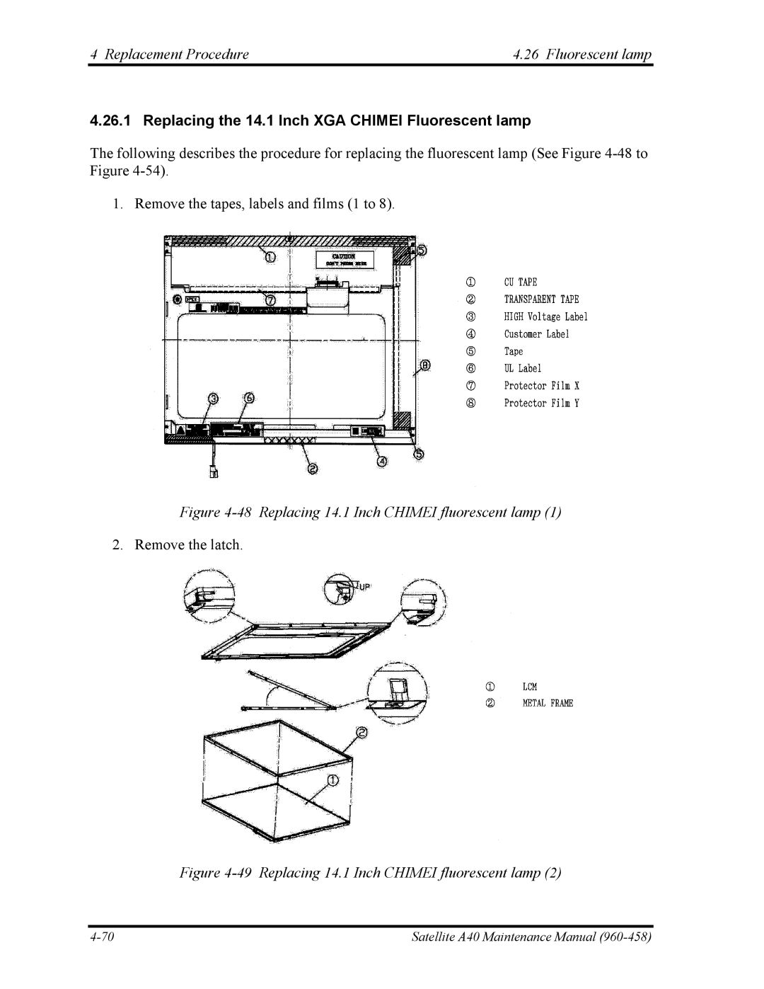 Toshiba A40 manual Replacement Procedure Fluorescent lamp, Replacing the 14.1 Inch XGA Chimei Fluorescent lamp 