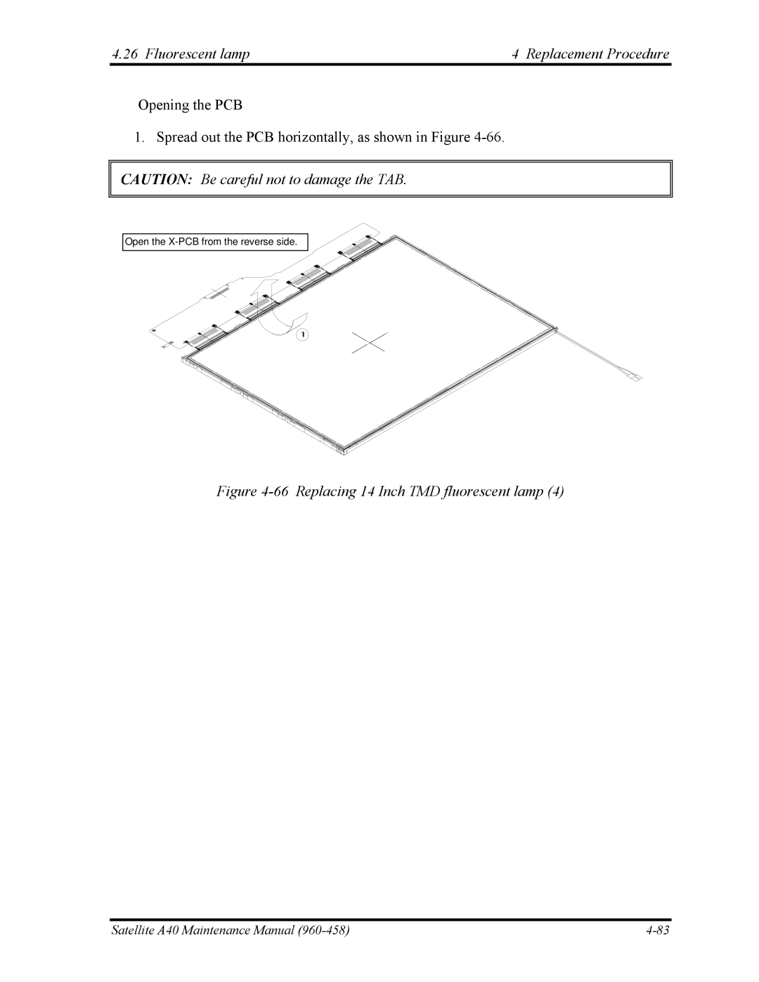 Toshiba A40 manual Replacing 14 Inch TMD fluorescent lamp 