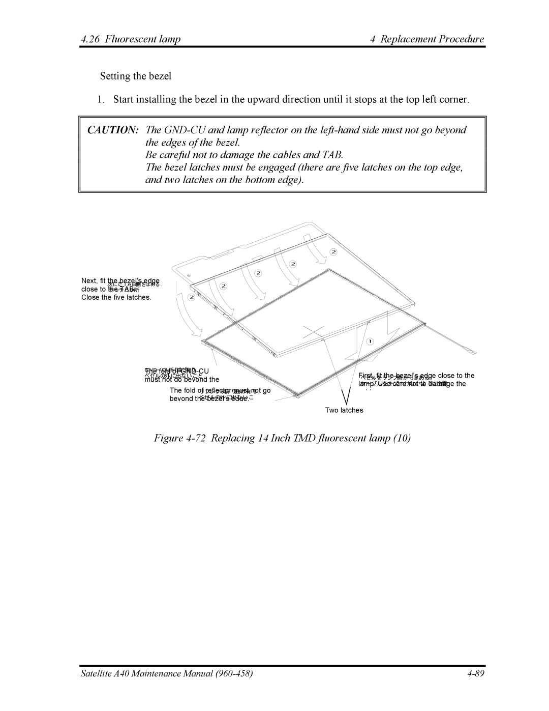 Toshiba A40 manual Replacing 14 Inch TMD fluorescent lamp 