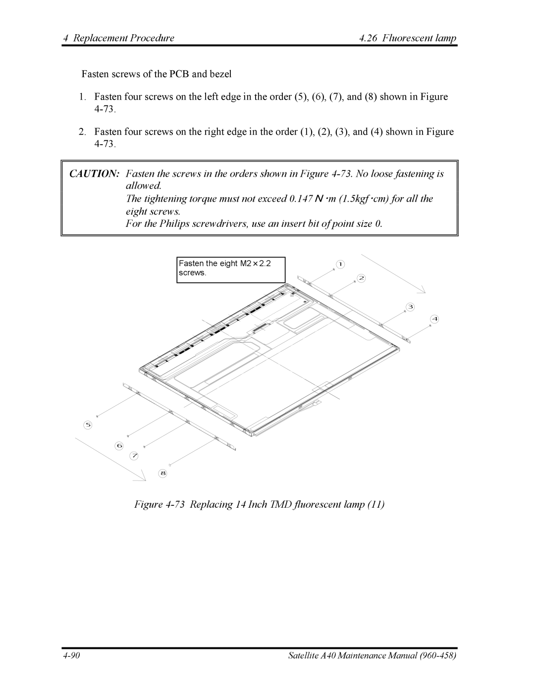 Toshiba A40 manual Replacing 14 Inch TMD fluorescent lamp 