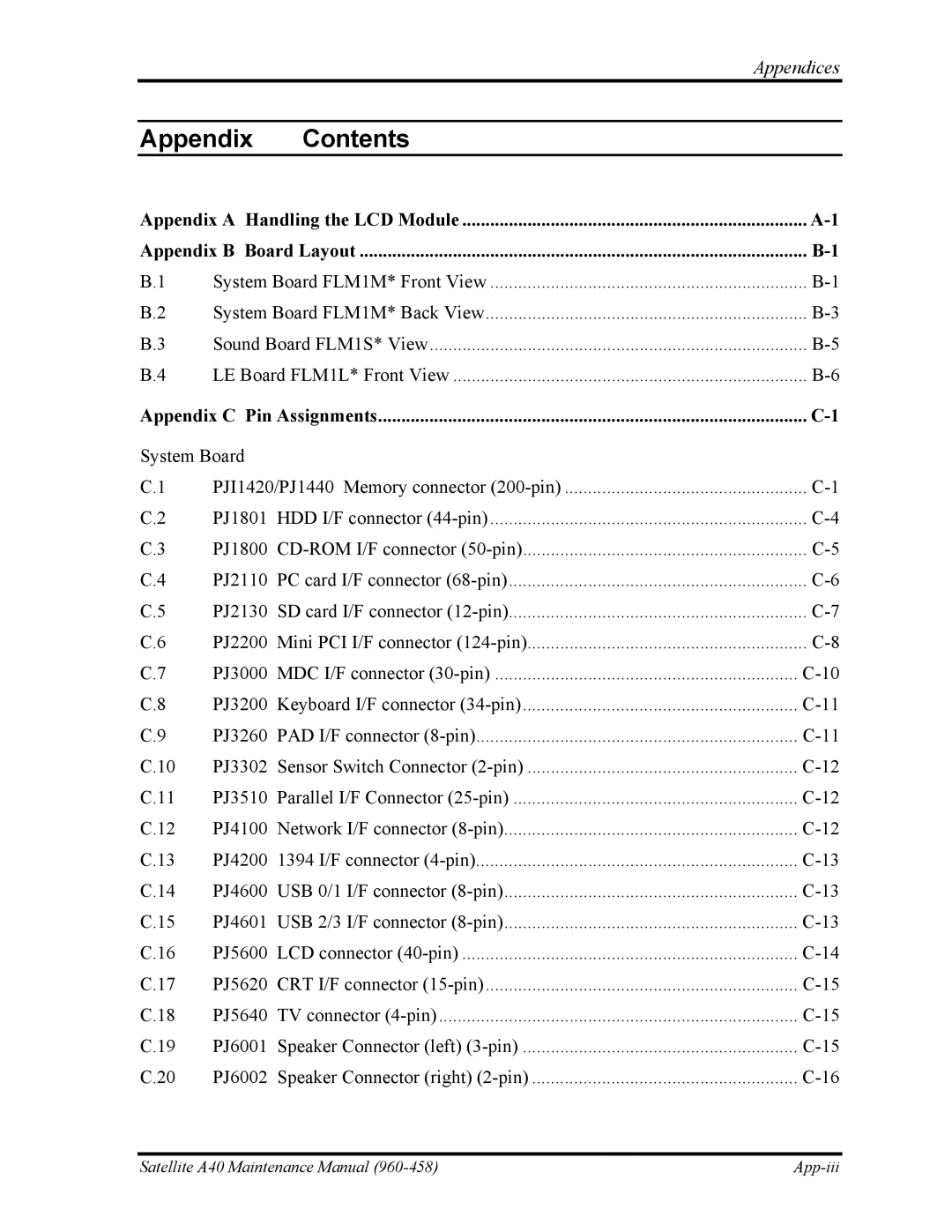 Toshiba A40 manual Appendix Contents 