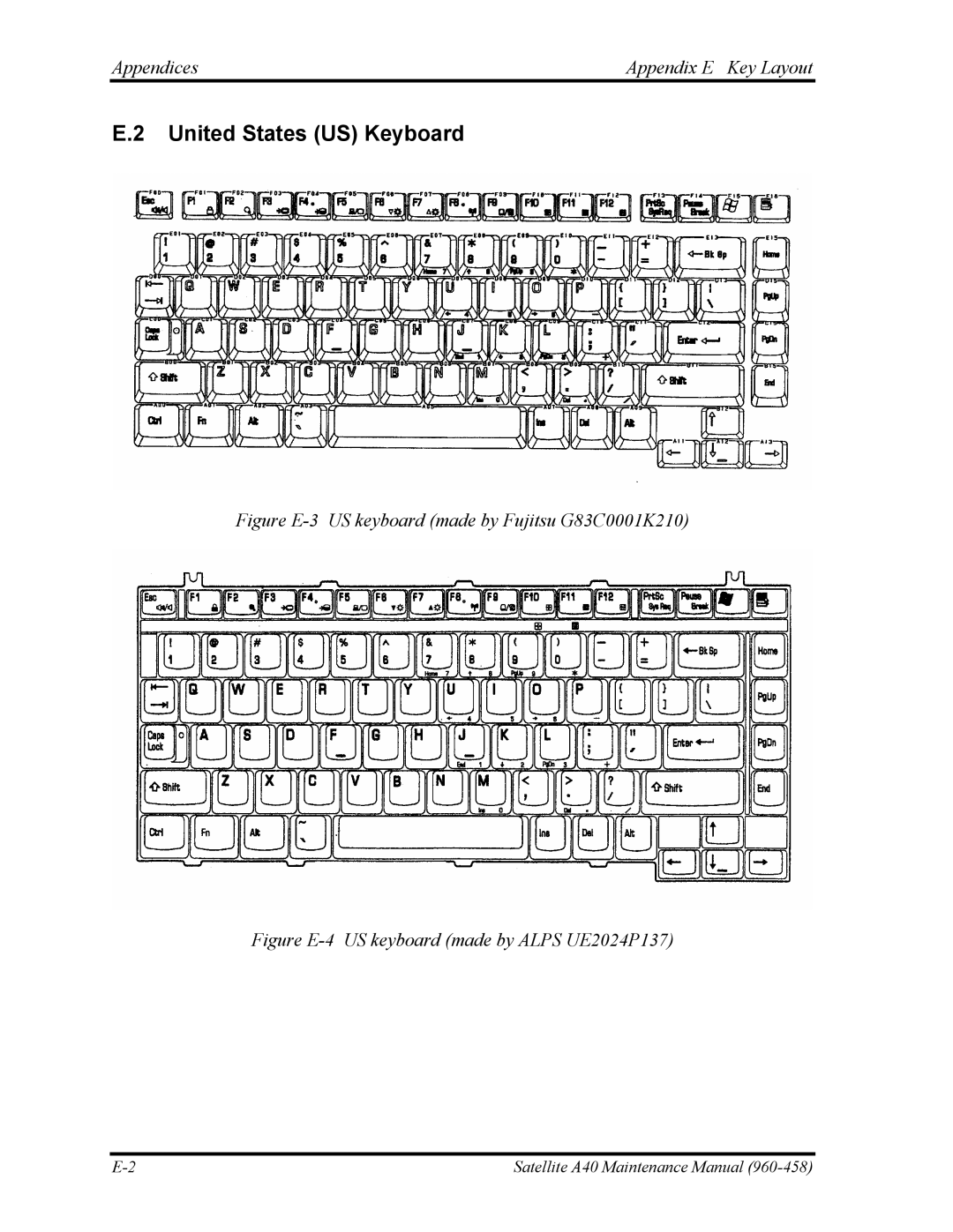 Toshiba A40 manual United States US Keyboard, Appendices Appendix E Key Layout 