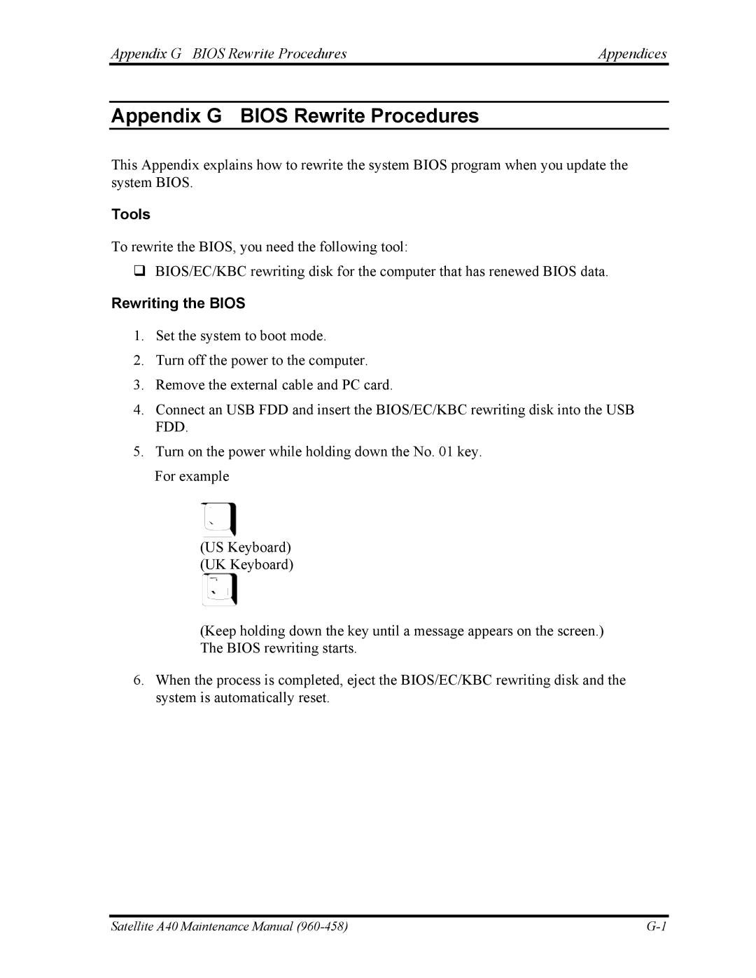 Toshiba A40 manual Appendix G Bios Rewrite Procedures Appendices, Tools, Rewriting the Bios 