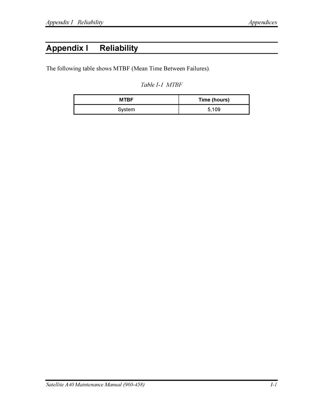 Toshiba A40 manual Appendix I ReliabilityAppendices, Table I-1 Mtbf 