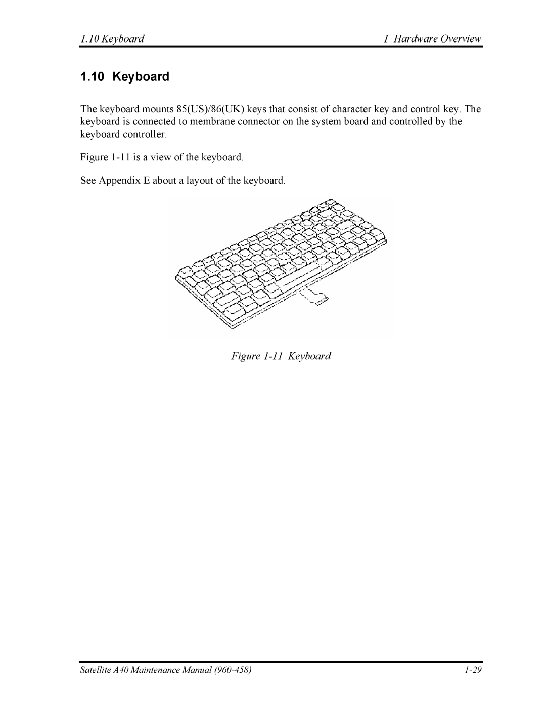 Toshiba A40 manual Keyboard Hardware Overview 