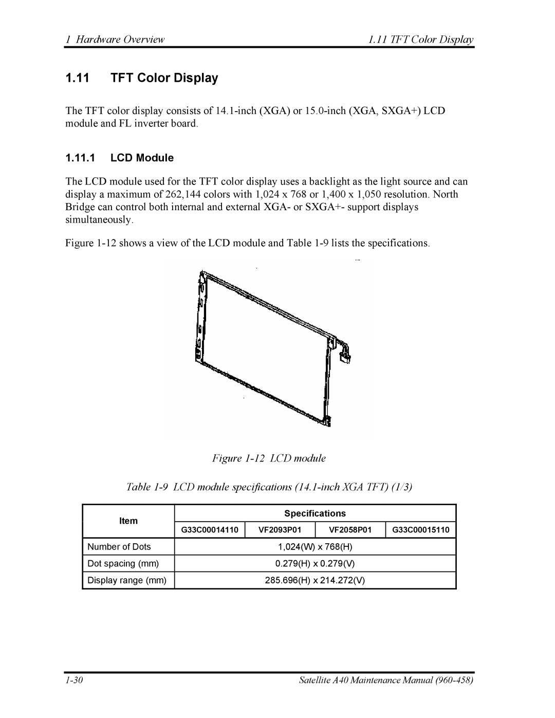 Toshiba A40 manual Hardware Overview TFT Color Display, LCD Module 