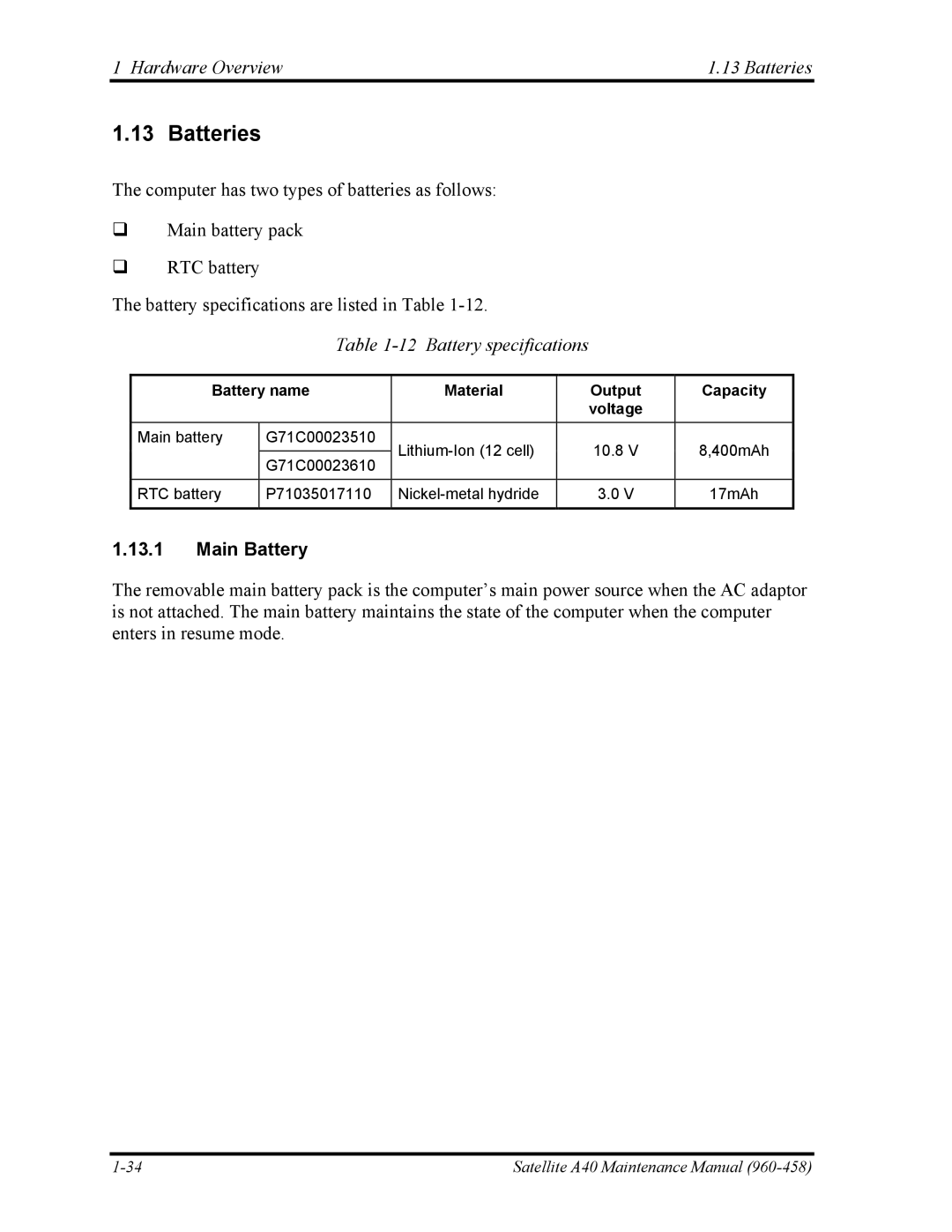 Toshiba A40 manual Hardware Overview Batteries, Battery specifications, Main Battery 