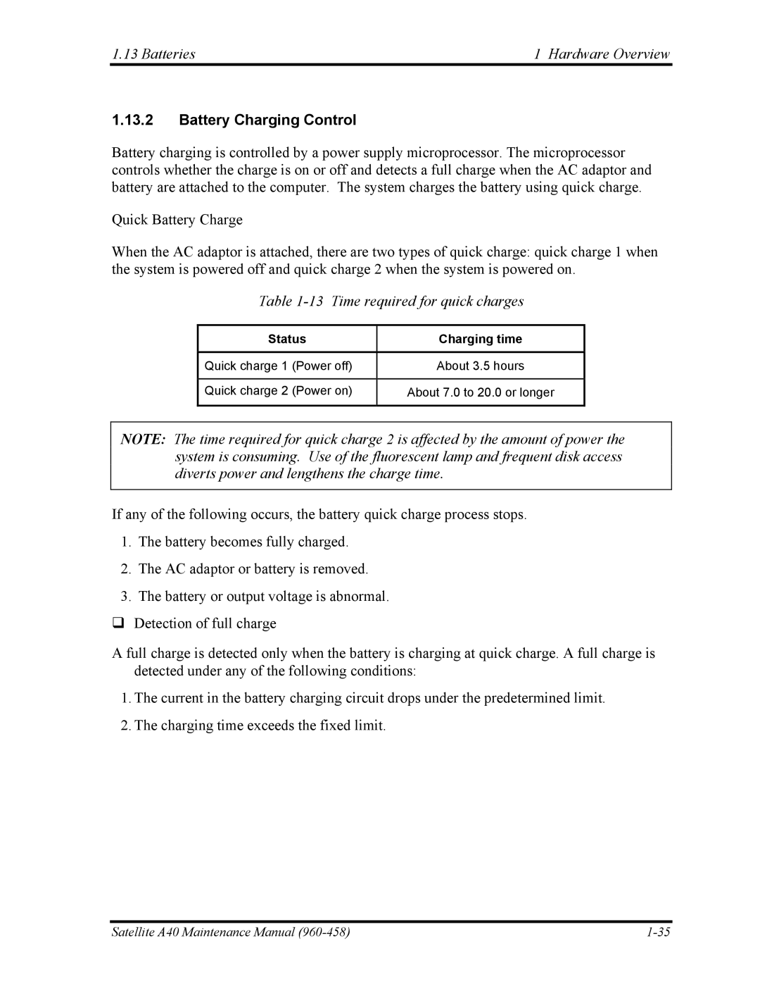 Toshiba A40 Batteries Hardware Overview, Battery Charging Control, Time required for quick charges, Status Charging time 