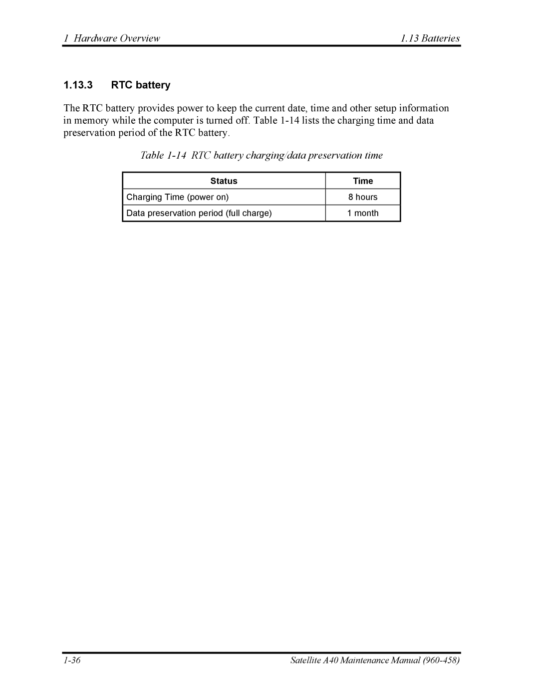 Toshiba A40 manual RTC battery charging/data preservation time, Status Time 