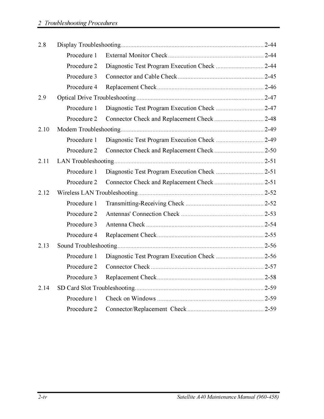 Toshiba A40 manual Troubleshooting Procedures 