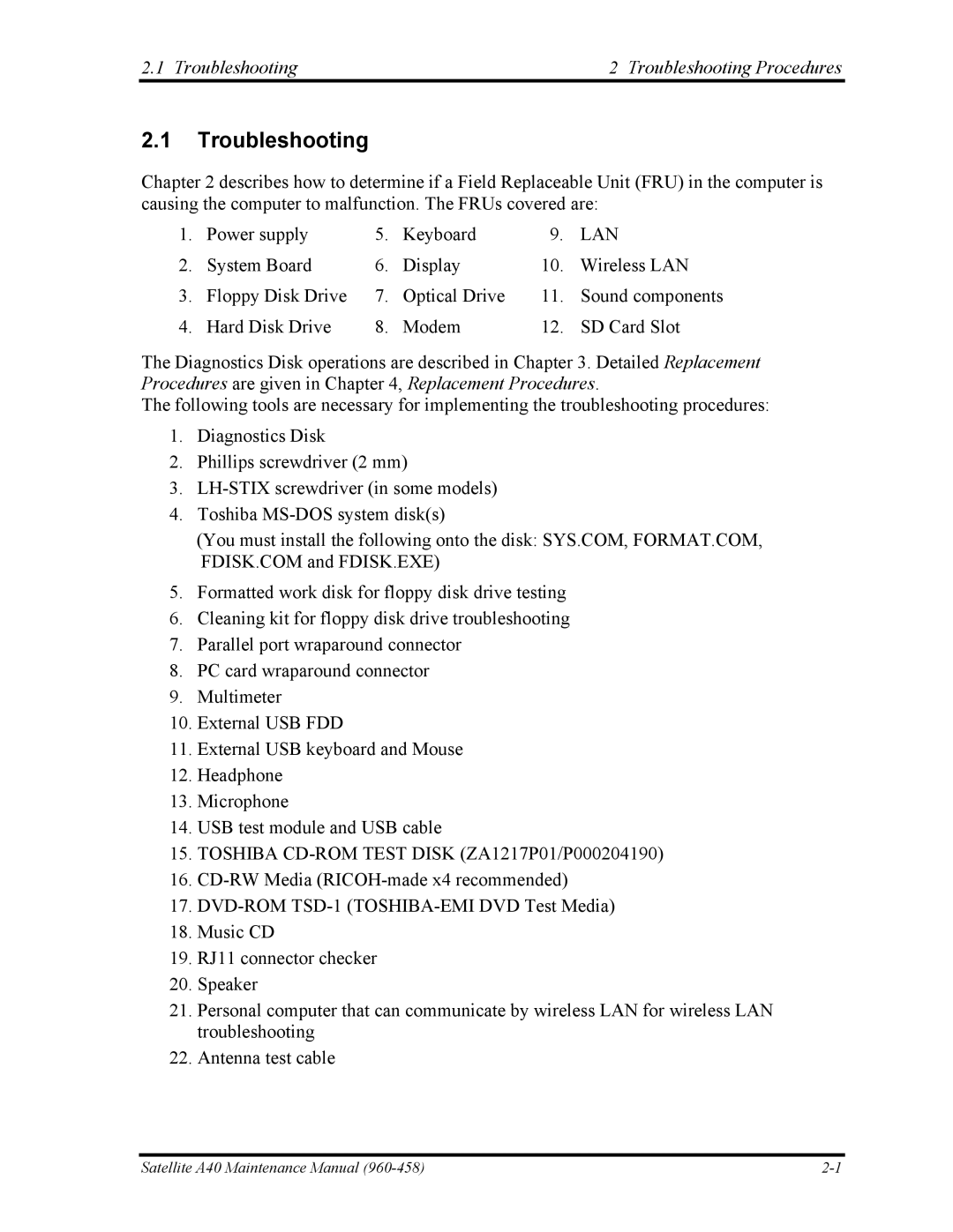 Toshiba A40 manual Troubleshooting Troubleshooting Procedures 