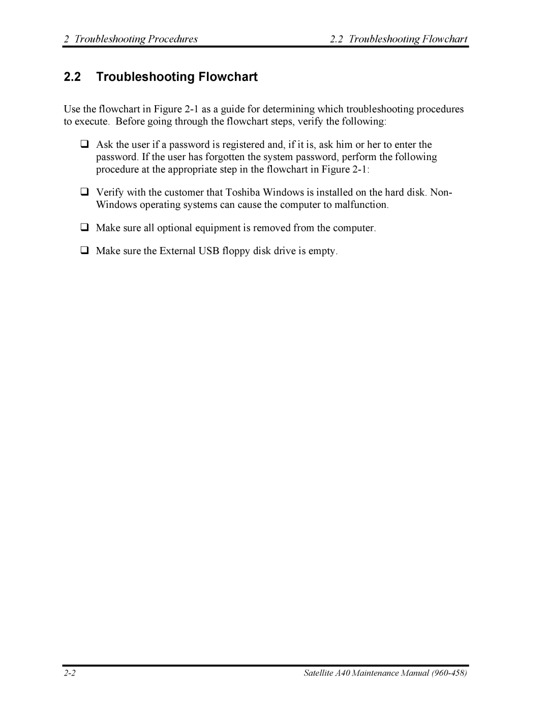 Toshiba A40 manual Troubleshooting Procedures Troubleshooting Flowchart 