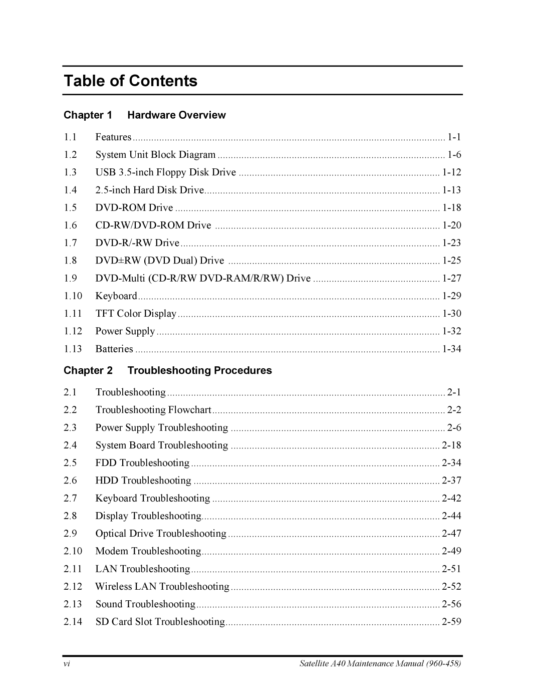 Toshiba A40 manual Table of Contents 