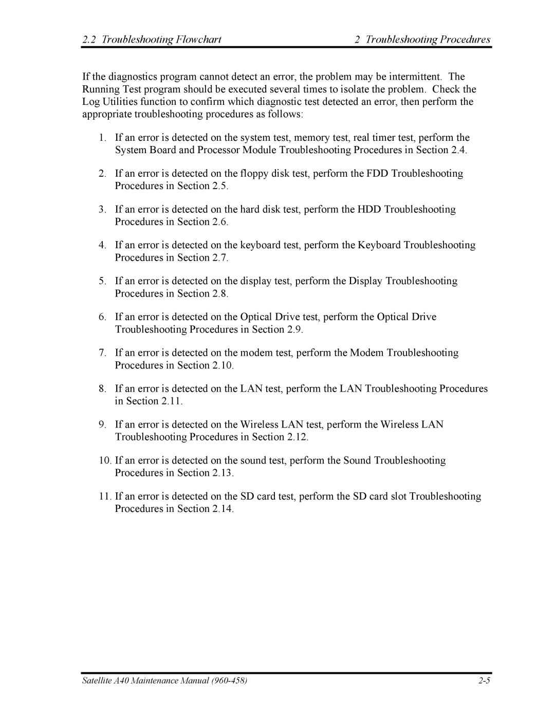 Toshiba A40 manual Troubleshooting Flowchart Troubleshooting Procedures 