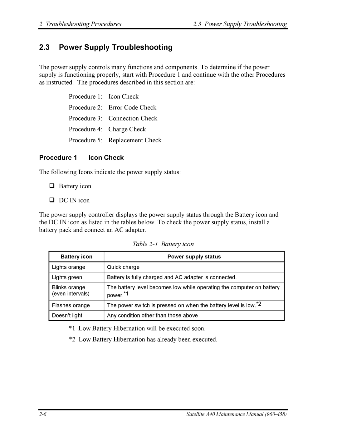 Toshiba A40 manual Troubleshooting Procedures Power Supply Troubleshooting, Procedure 1 Icon Check, Battery icon 