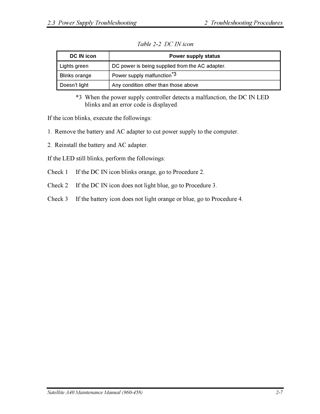 Toshiba A40 manual DC in icon Power supply status 