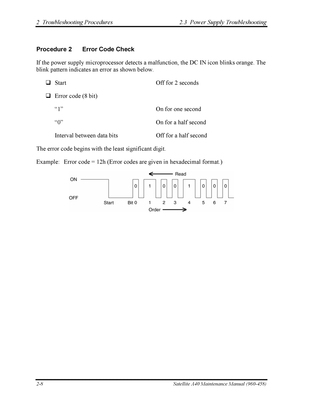 Toshiba A40 manual Procedure 2 Error Code Check 