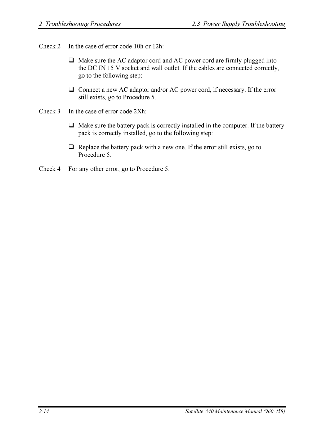 Toshiba A40 manual Troubleshooting Procedures Power Supply Troubleshooting 