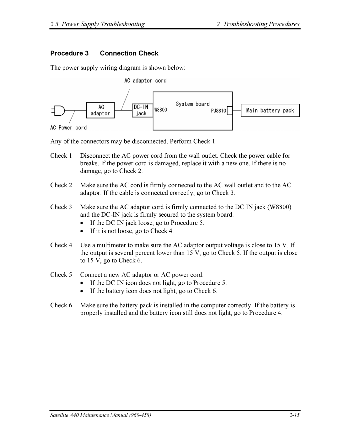 Toshiba A40 manual Procedure 3 Connection Check 