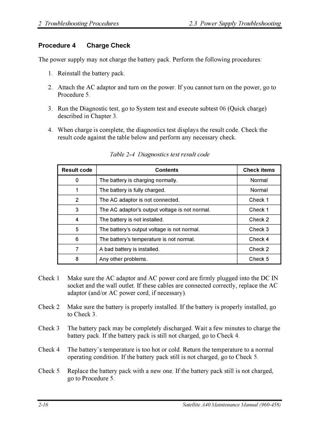 Toshiba A40 manual Diagnostics test result code, Result code Contents Check items 