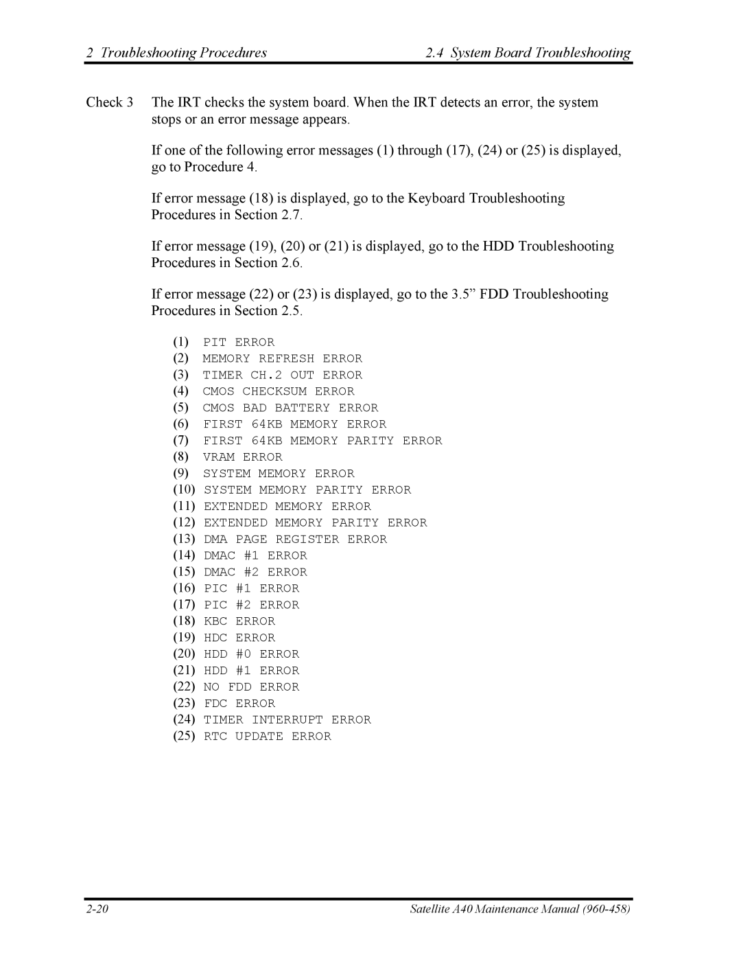 Toshiba A40 manual KBC Error HDC Error 