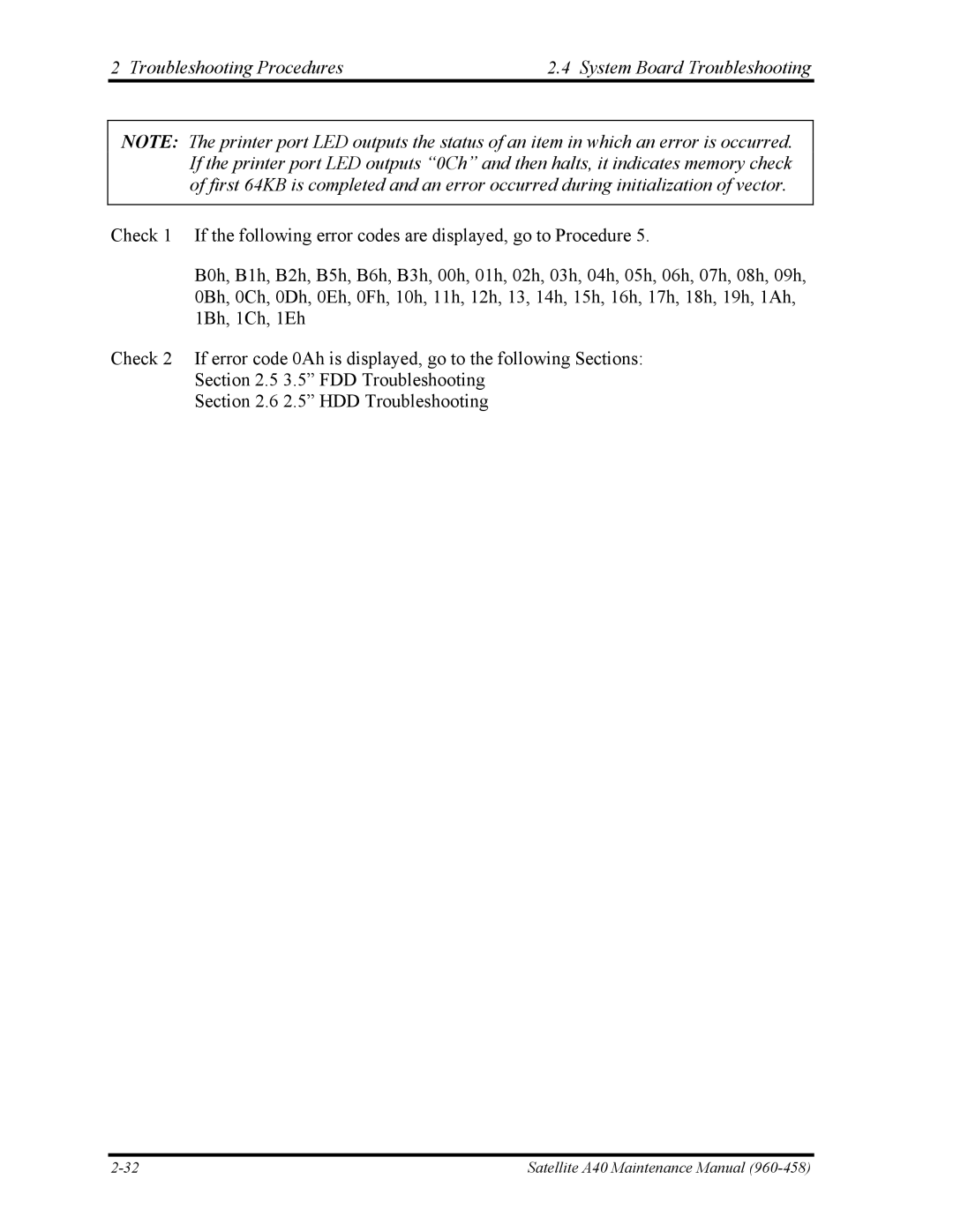 Toshiba A40 manual Troubleshooting Procedures System Board Troubleshooting 