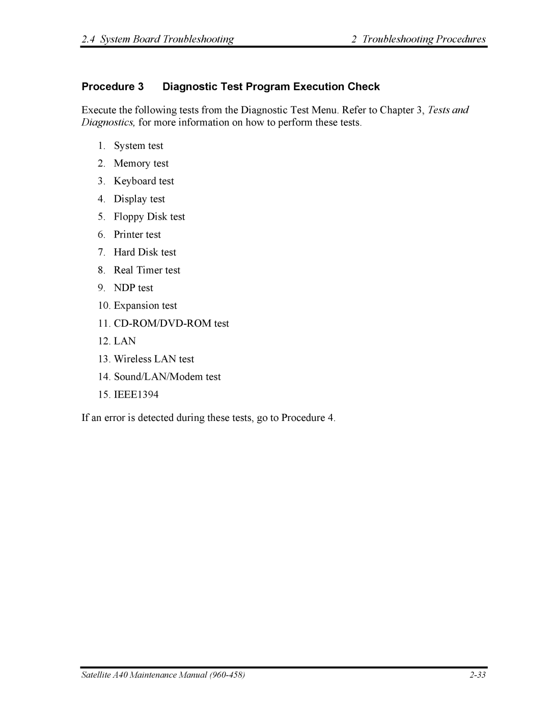 Toshiba A40 manual Procedure 3 Diagnostic Test Program Execution Check 