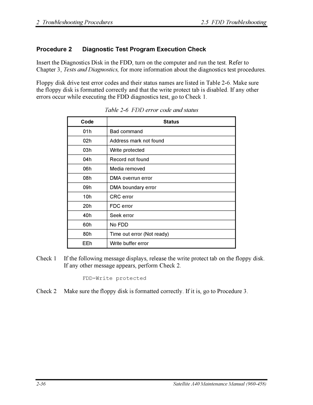 Toshiba A40 manual Troubleshooting Procedures FDD Troubleshooting, Procedure 2 Diagnostic Test Program Execution Check 