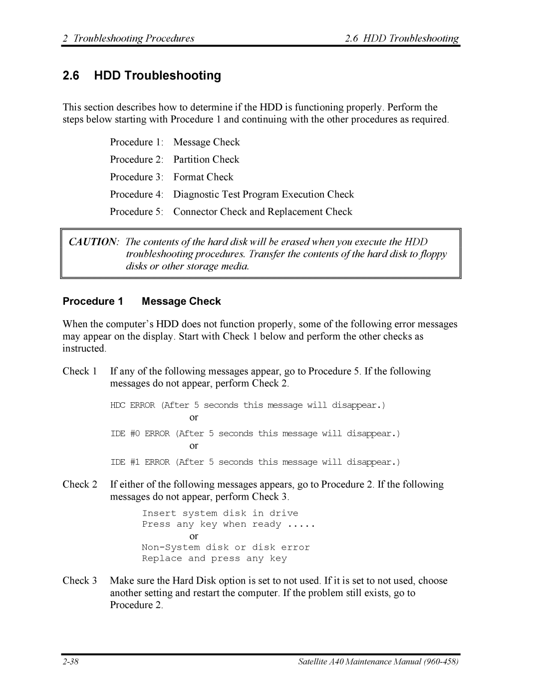 Toshiba A40 manual Troubleshooting Procedures HDD Troubleshooting 