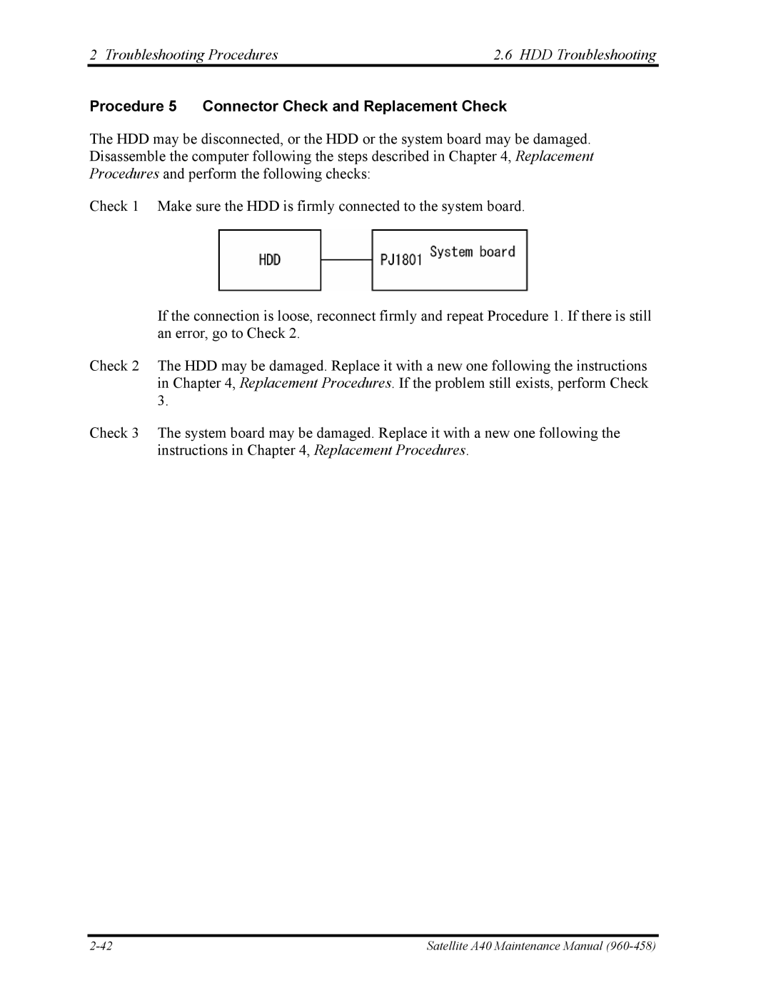 Toshiba A40 manual Procedure 5 Connector Check and Replacement Check 