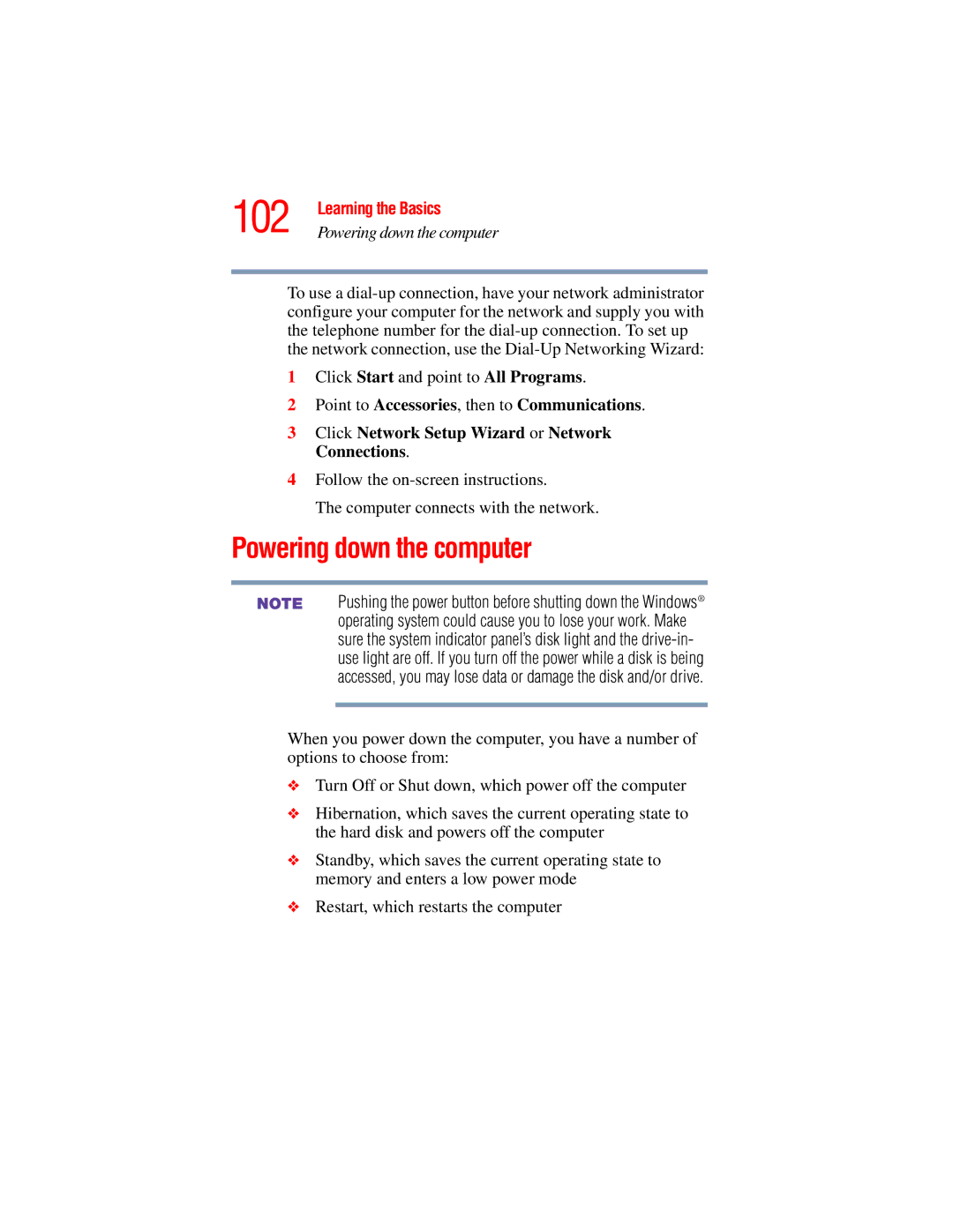 Toshiba A45 Series manual 102, Powering down the computer 