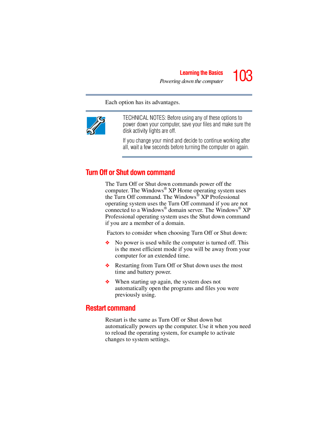 Toshiba A45 Series manual 103, Turn Off or Shut down command, Restart command, Each option has its advantages 