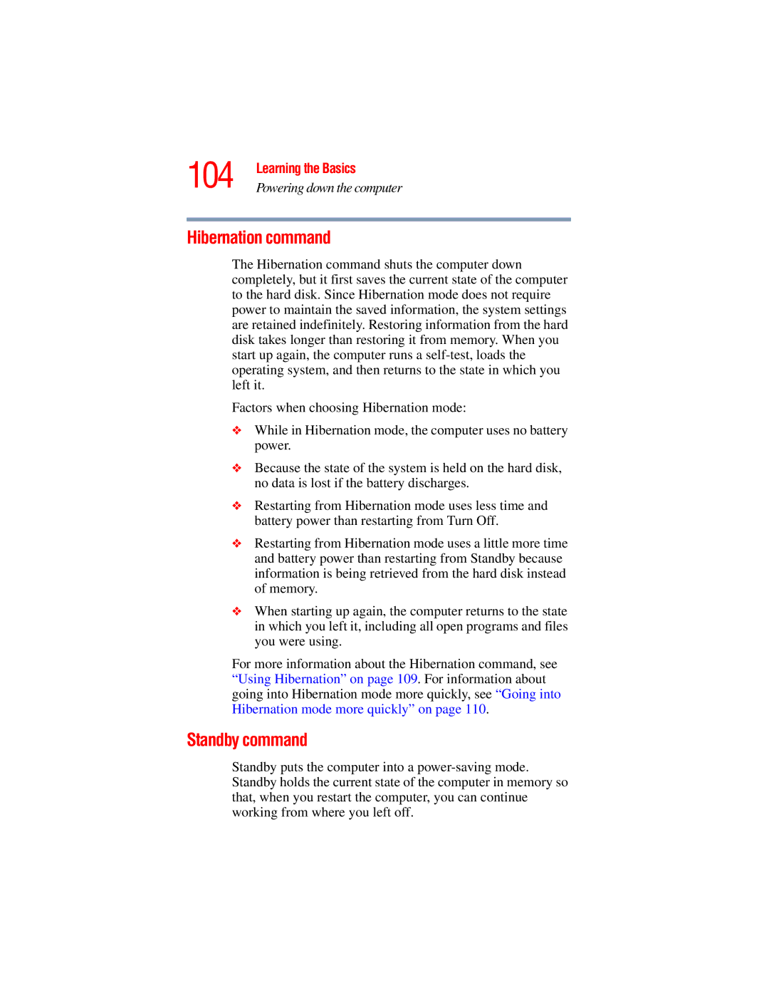 Toshiba A45 Series manual 104, Hibernation command, Standby command 