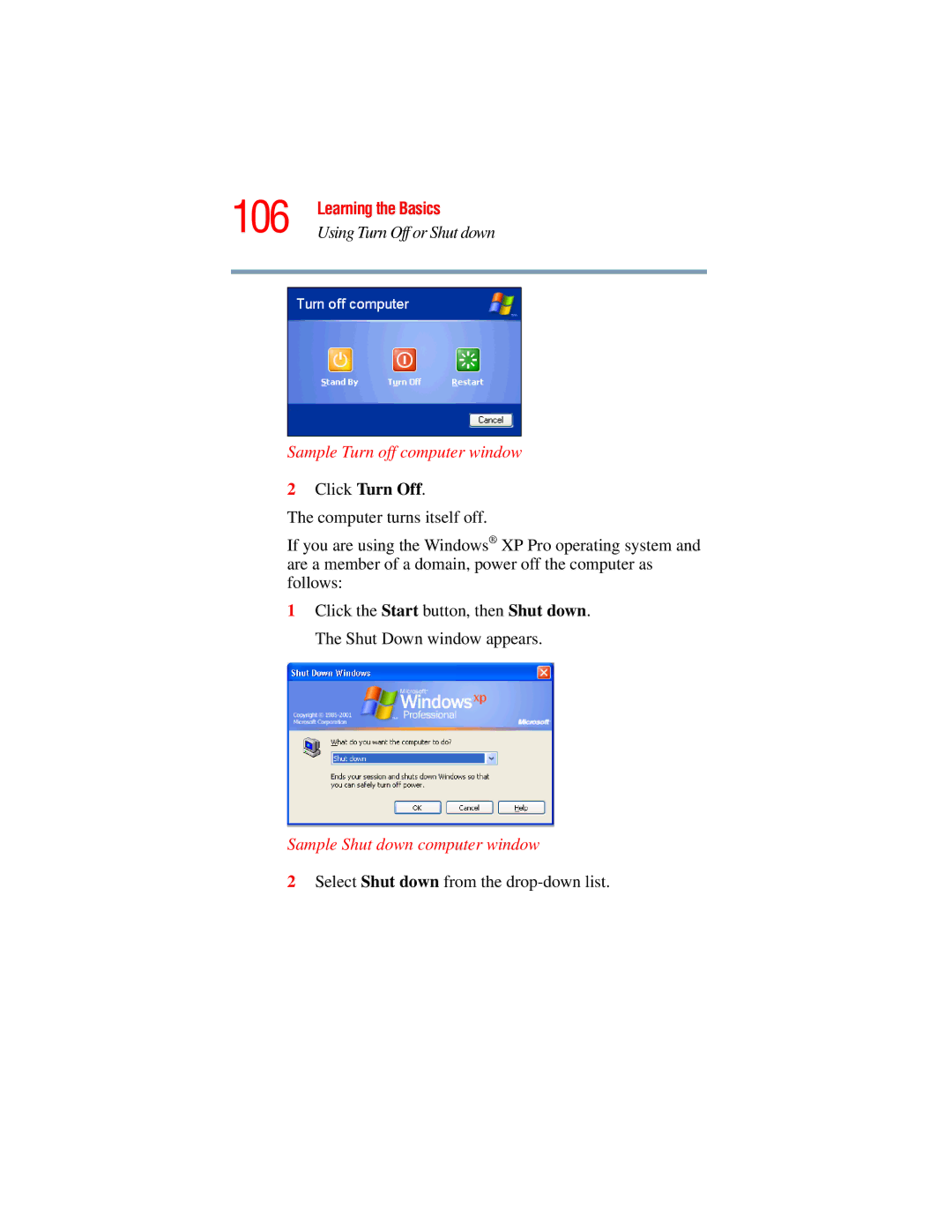 Toshiba A45 Series manual 106, Sample Turn off computer window, Click Turn Off, Sample Shut down computer window 