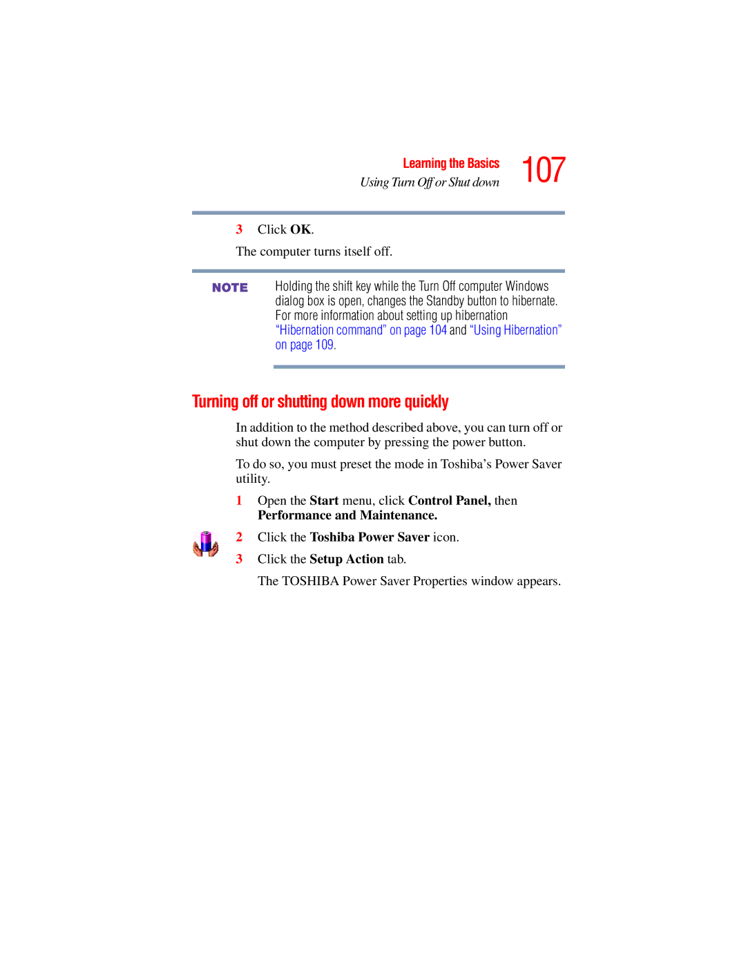 Toshiba A45 Series manual 107, Turning off or shutting down more quickly, Click OK Computer turns itself off 